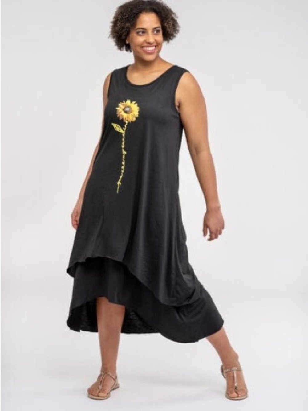 MISSLOOK Black High-Low Dress with Yellow Sunflower